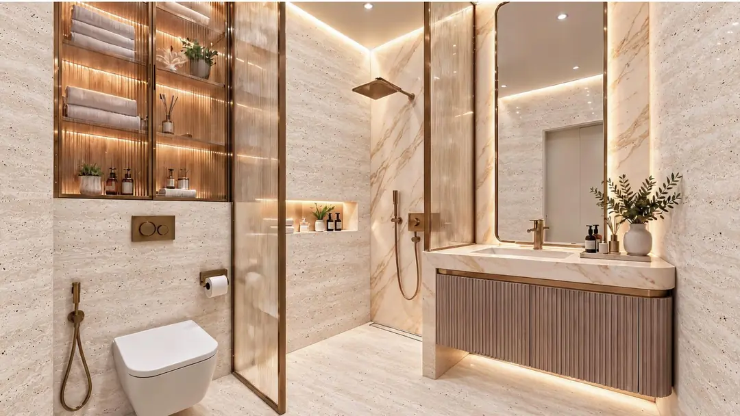 Bathroom with travertine and bronze at Shahrukhz Residences