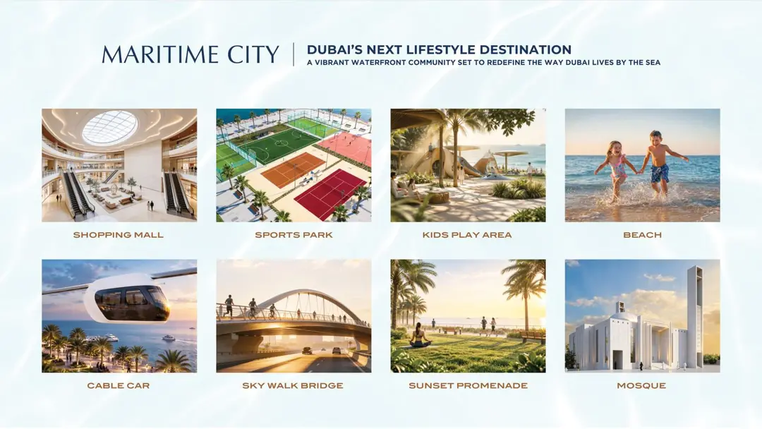 Dubai Maritime City shopping mall, sports park, beach, cable car, sky walk bridge and mosque