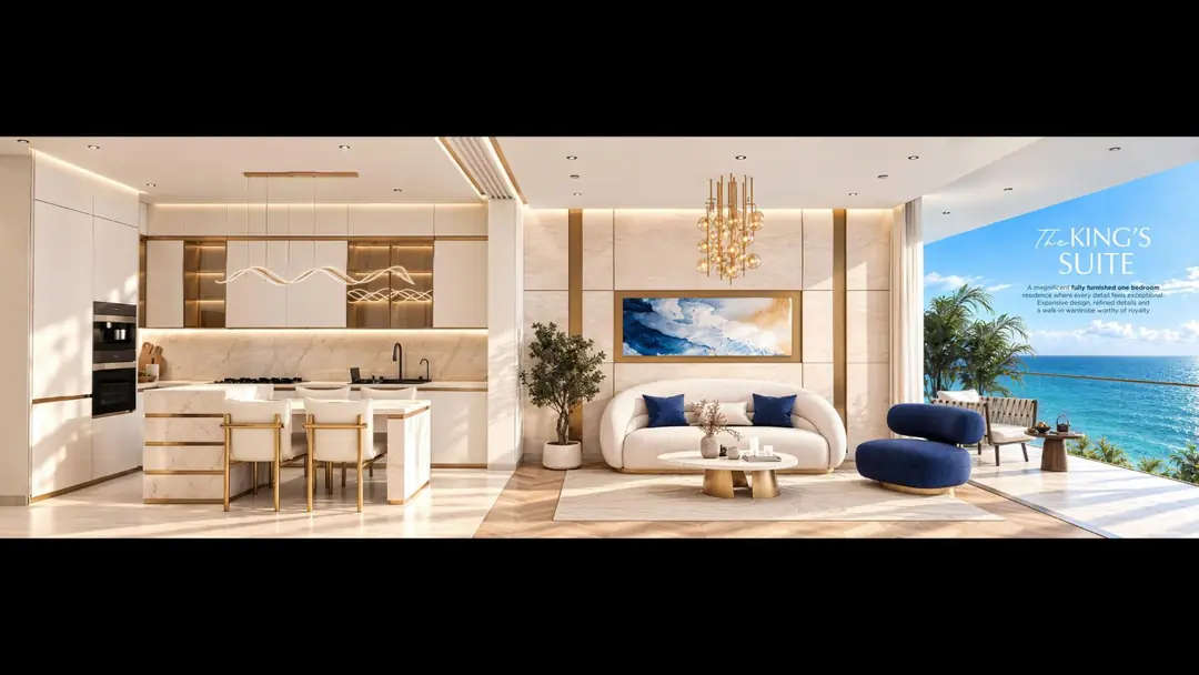 King's Suite living room and kitchen at Shahrukhz Residences