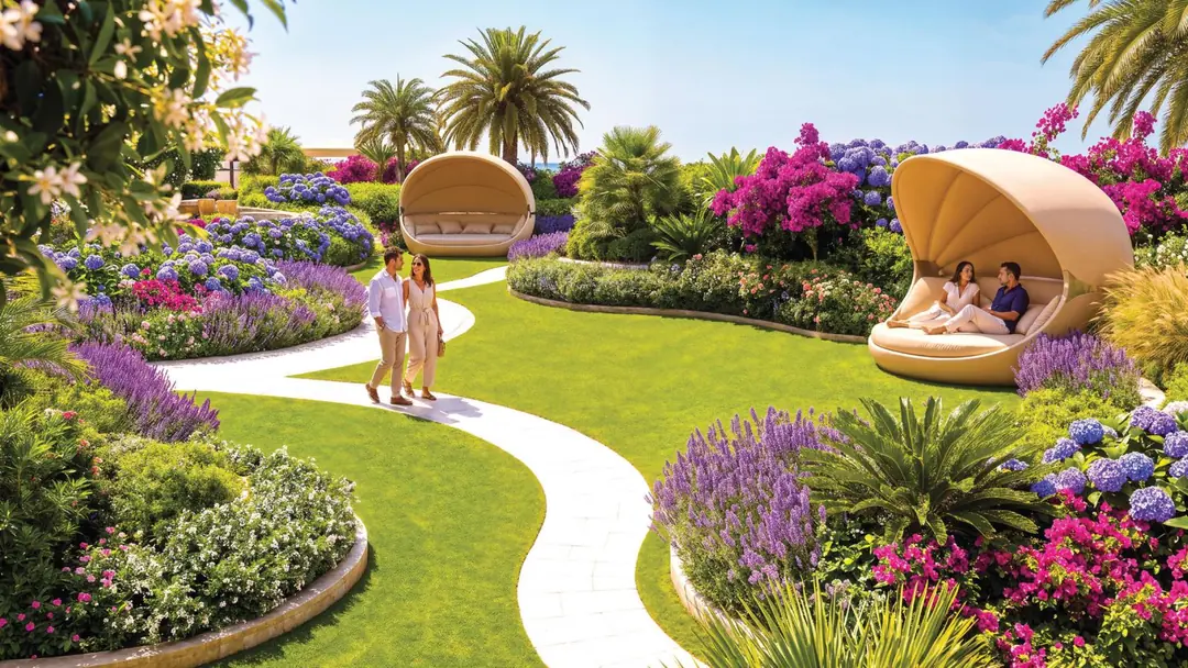 Landscaped gardens with cabanas at Shahrukhz Residences