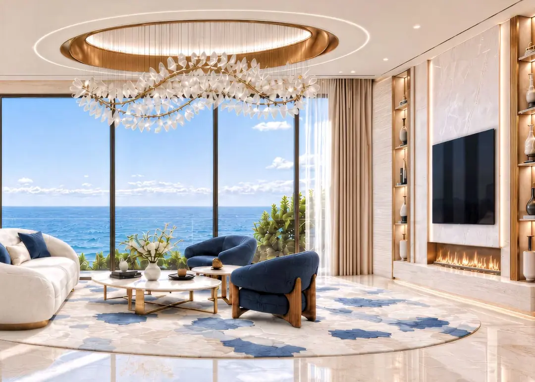 Ocean Residence living room with fireplace and sea view