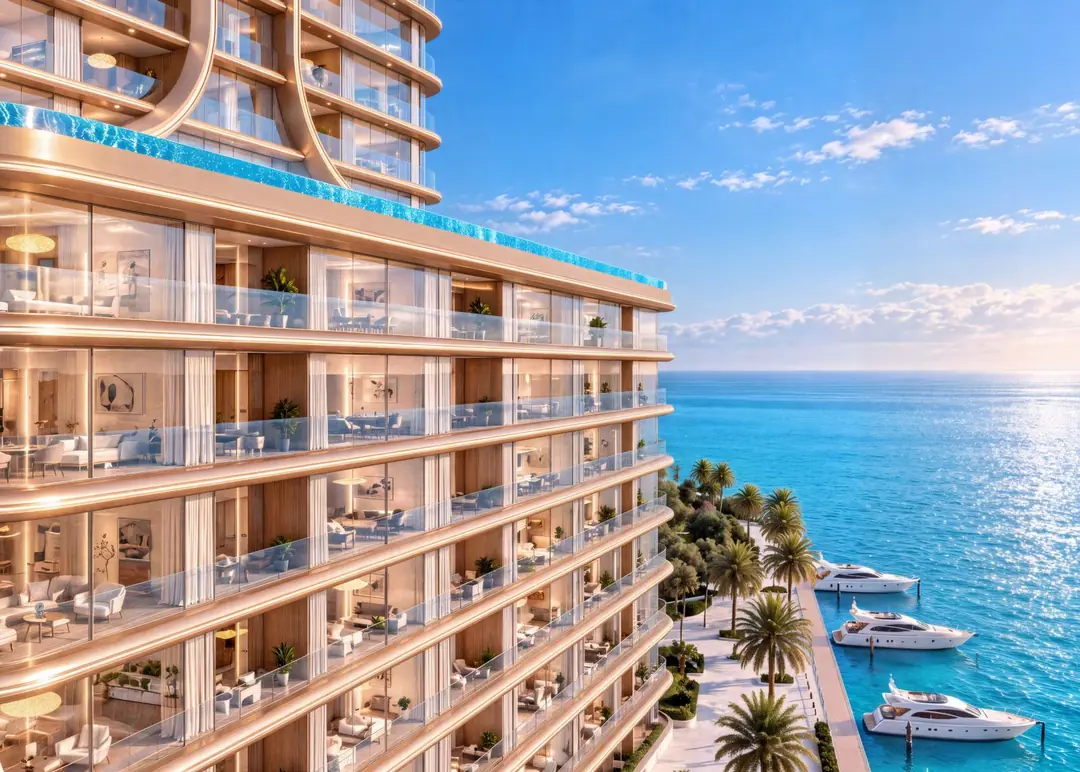 Ocean Residences facade with balconies and marina