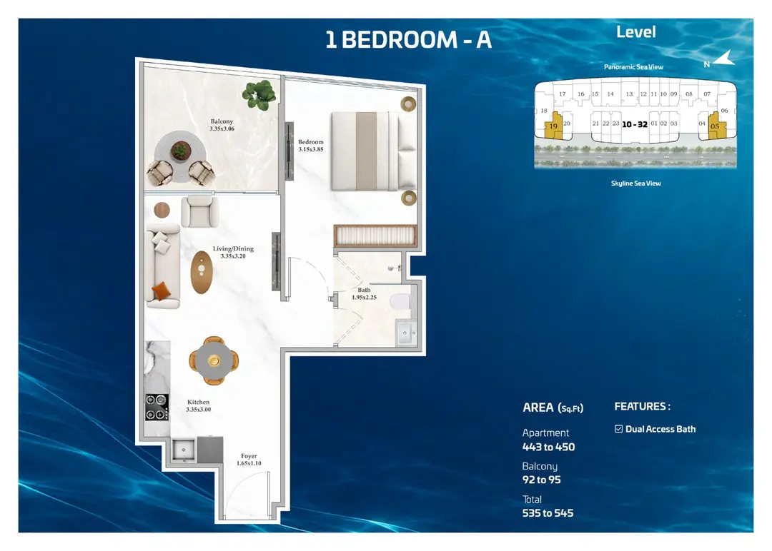 Shahrukhz Residences 1 Bedroom A floor plan with 535 to 545 sq ft total area
