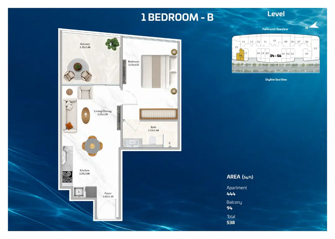 Shahrukhz Residences 1 Bedroom B floor plan with 538 sq ft total area