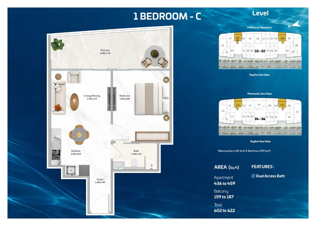 Shahrukhz Residences 1 Bedroom C floor plan with 602 to 622 sq ft total area