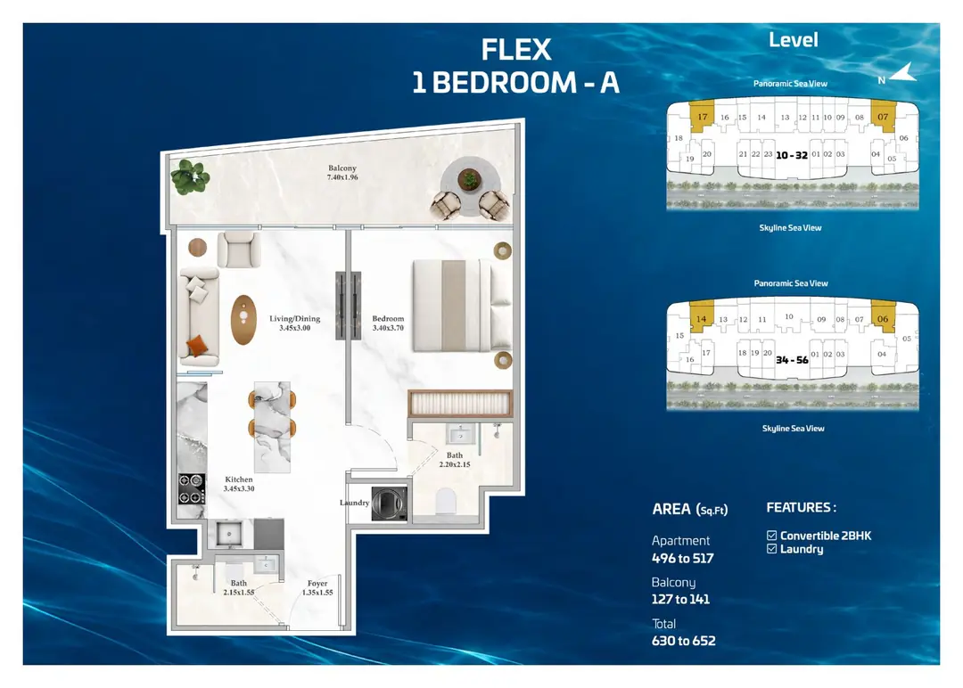Shahrukhz Residences Flex 1 Bedroom A floor plan with 630 to 652 sq ft total area