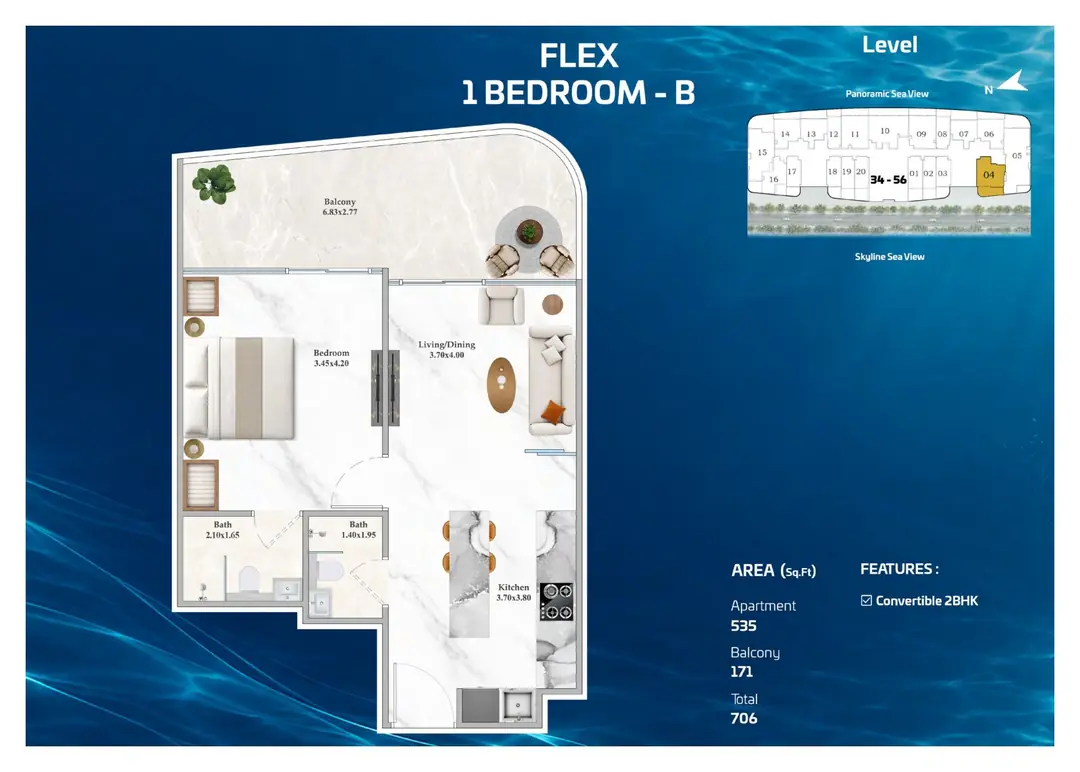 Shahrukhz Residences Flex 1 Bedroom B floor plan with 706 sq ft total area