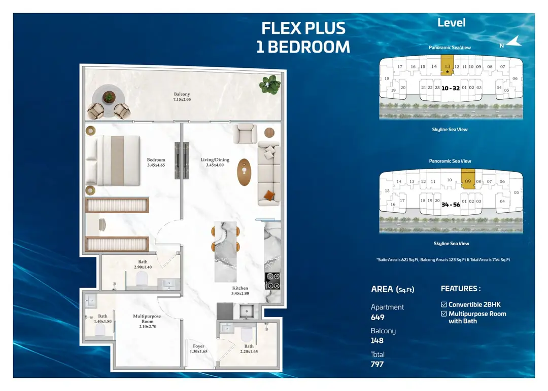 Shahrukhz Residences Flex Plus 1 Bedroom floor plan with 797 sq ft total area