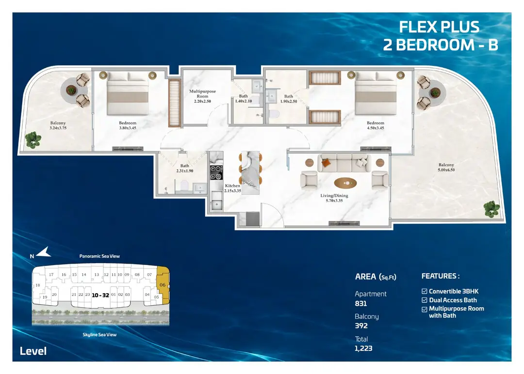 Shahrukhz Residences Flex Plus 2 Bedroom B floor plan with 1,223 sq ft total area