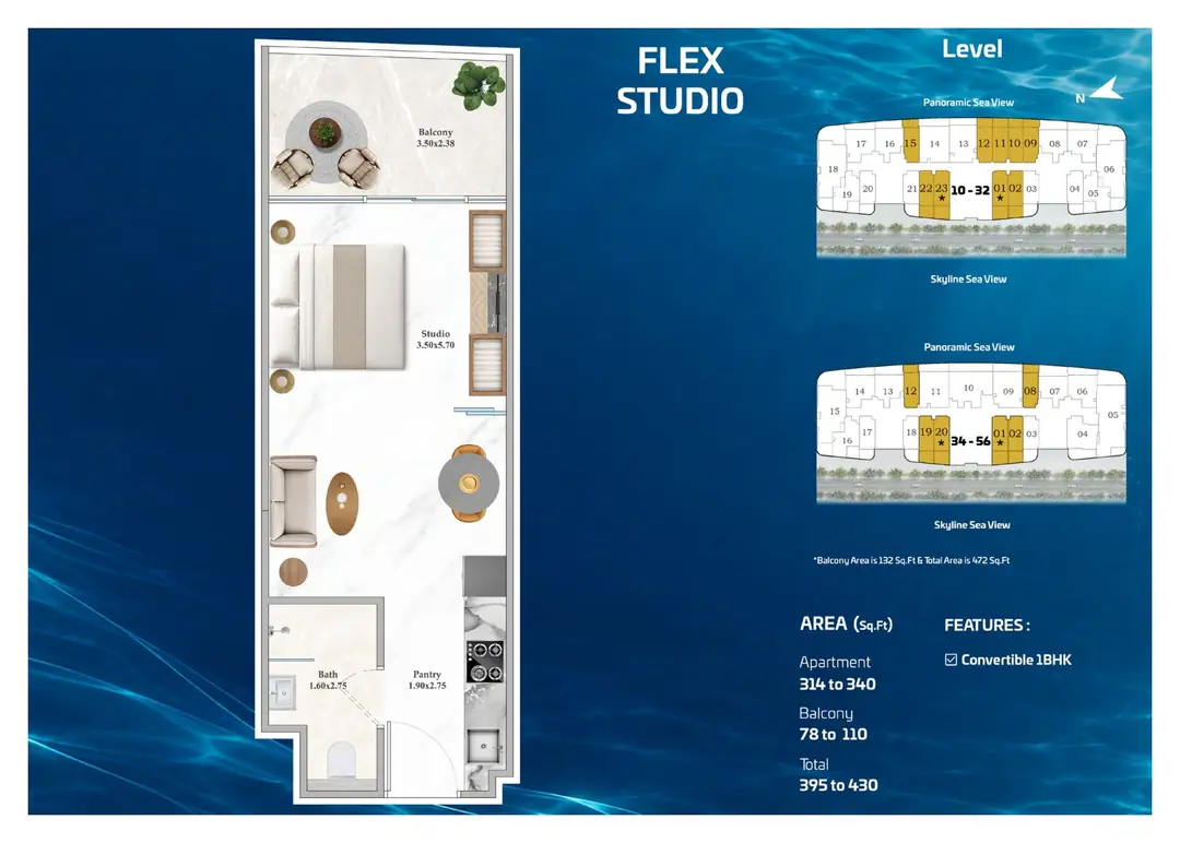 Shahrukhz Residences Flex Studio floor plan with 395 to 430 sq ft total area