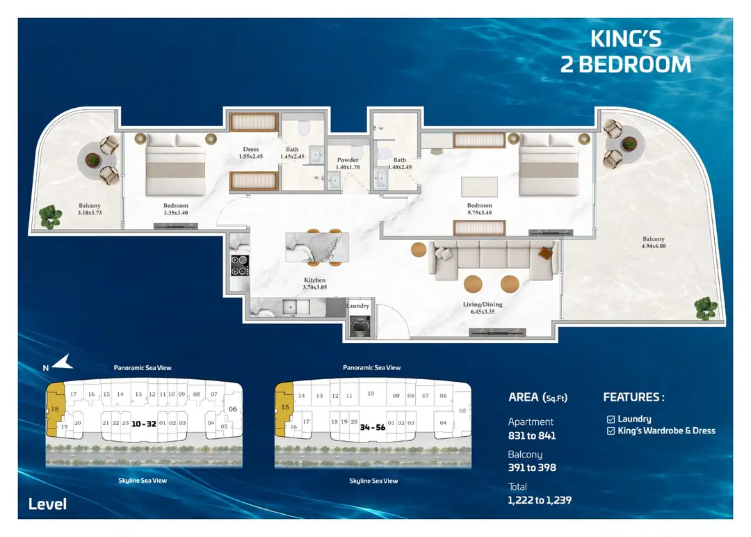 Shahrukhz Residences King's 2 Bedroom floor plan with 1,222 to 1,239 sq ft total area