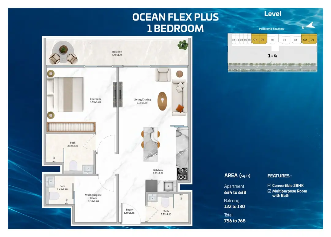 Shahrukhz Residences Ocean Flex Plus 1 Bedroom floor plan with 756 to 768 sq ft total area