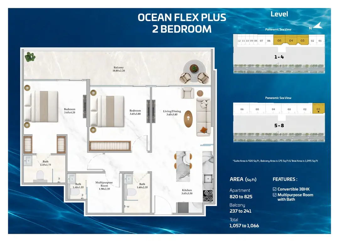 Shahrukhz Residences Ocean Flex Plus 2 Bedroom floor plan with 1,057 to 1,066 sq ft total area