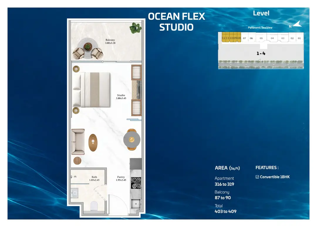 Shahrukhz Residences Ocean Flex Studio floor plan with 403 to 409 sq ft total area