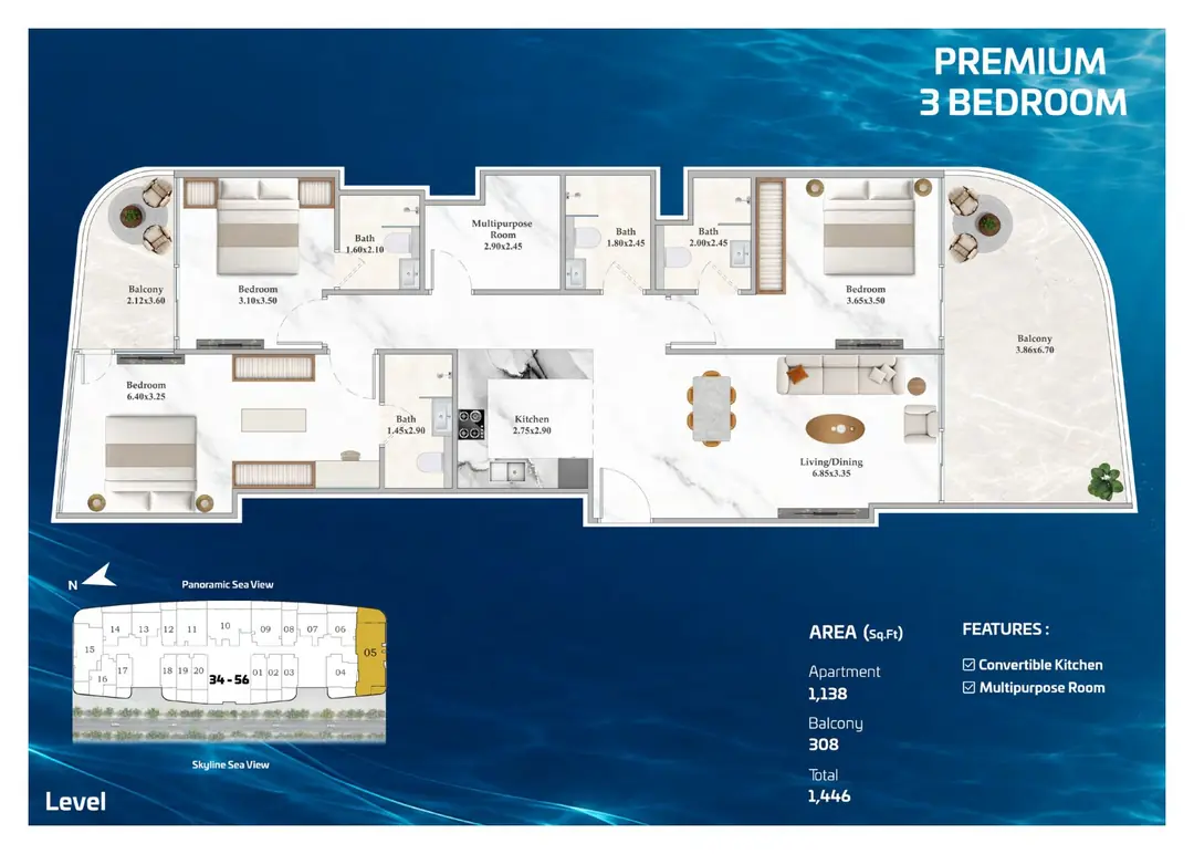 Shahrukhz Residences Premium 3 Bedroom floor plan with 1,446 sq ft total area