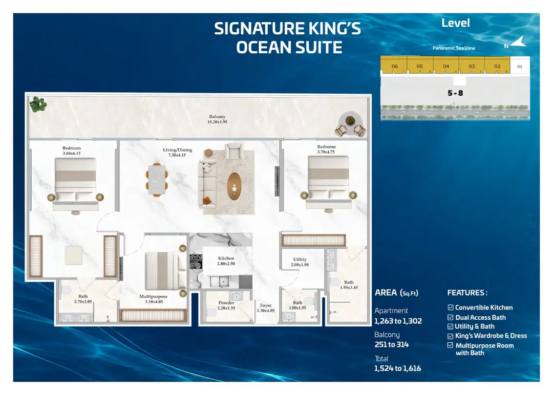 Shahrukhz Residences Signature King's Ocean Suite floor plan with 1,524 to 1,616 sq ft total area