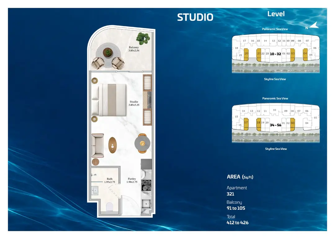 Shahrukhz Residences Studio floor plan with 412 to 426 sq ft total area