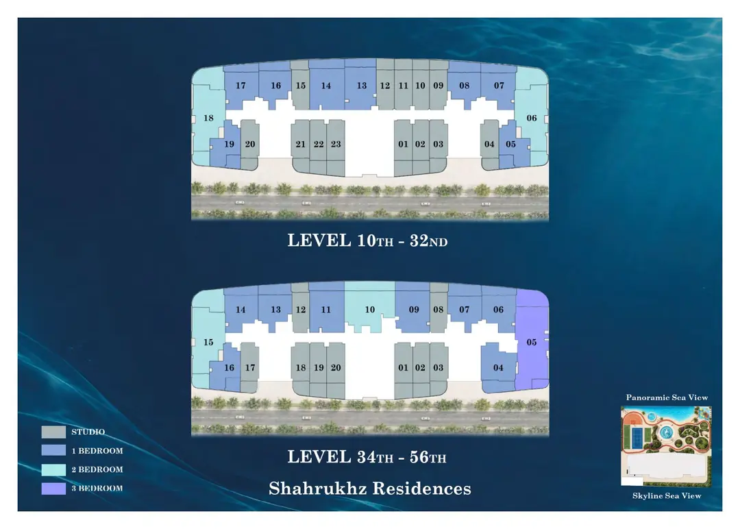 Shahrukhz Residences typical floor plates for levels 10 to 32 and 34 to 56